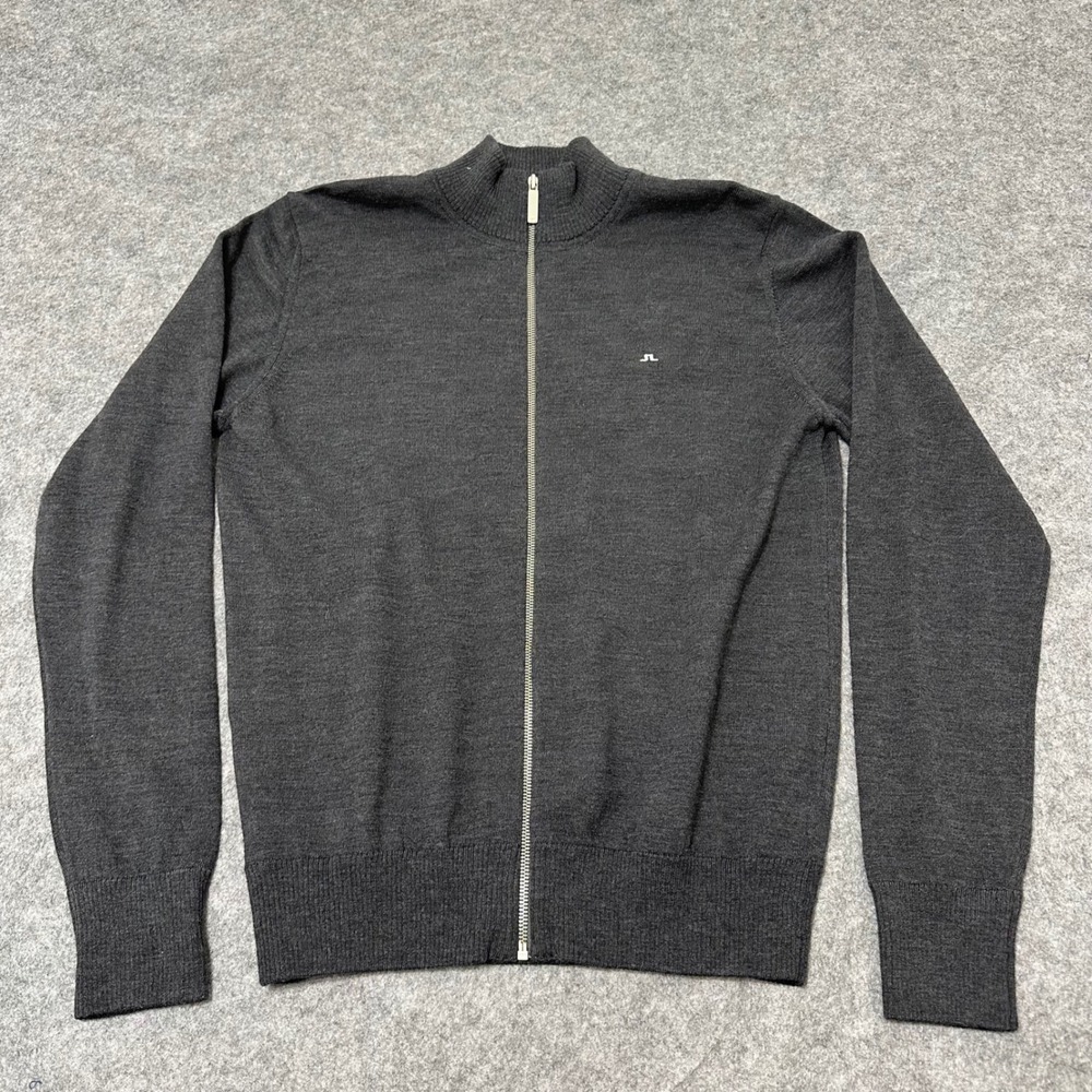 J.Lindeberg Full Zip Sweater Mens L Gray Merino Wool Mock Neck Logo Casual Thin